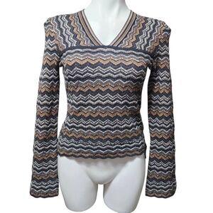 Urchin wool shirt neutral chevron zigzag knit long sleeve size tie v neck small